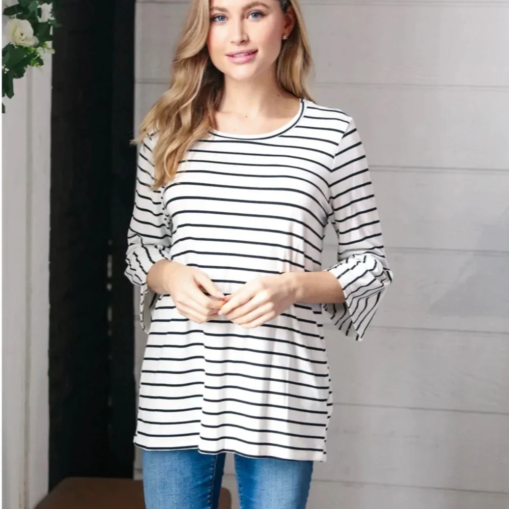 PLUS Ivory Black Neck Yarn Dye Stripe Elbow Bell Sleeve Top - Picture 2 of 7